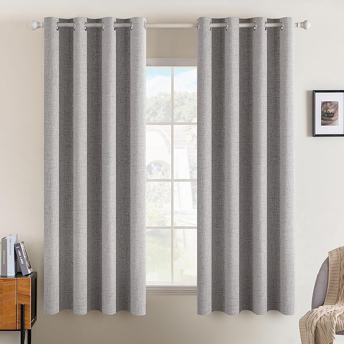 MIULEE Linen Texture Curtains for Bedroom Solid 100% Blackout Thermal Insulated Light Gray Curtains Grommet Room Darkening Drapes for Living Room Nursery 52x63 Inch (2 Panels)