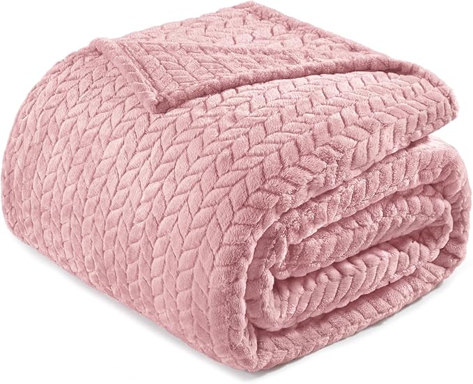 Exclusivo Mezcla Fleece Queen Size Blanket for Bed, 90x90 Inches Soft Cozy Jacquard Flannel Blankets, Lightweight Fuzzy Plush Warm for Women, Pink