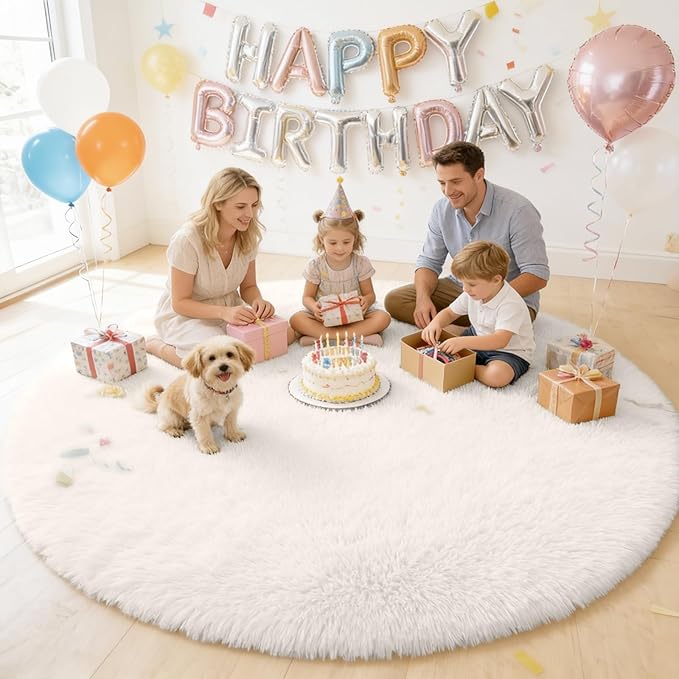 OLANLY Ivory Round Rugs for Bedroom - Machine Washable, 7 ft Circle Area Rugs for Living Room, Soft and Fluffy Shaggy Carpet for Teen Girls and Boys, Nursery Rooms, Dorms, Home Decor Aesthetic