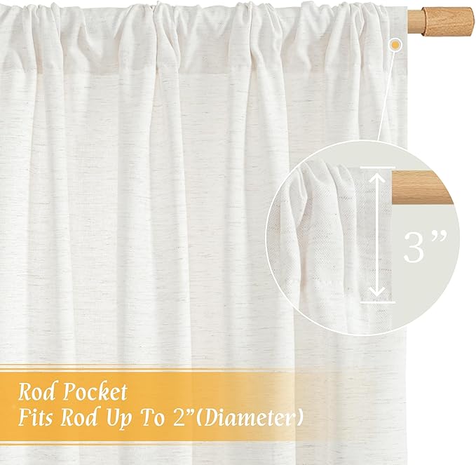 LAMIT Ivory White Linen Curtains 48 Inch Length, Faux Linen Textured Light Filtering Panels Rod Pocket Privacy Neutral Drapes for Kitchen/Window/Bedroom/Living Room, 2 Panels, 42 x 48 Inch