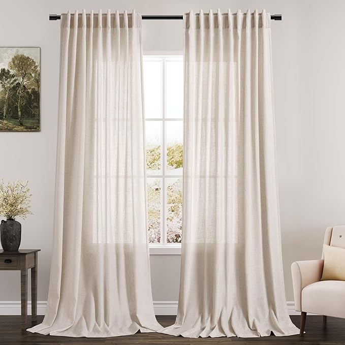 Nanspring Beige Linen Back Tab Curtains 96 Inches Long for Bedroom Light Filtering Privacy Sheer Curtains Modern Farmhouse Coastal Decor Linen Cotton Textured Gauze Curtain 2 Panel Set 70x96