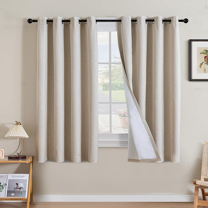 H.VERSAILTEX Linen Curtains 100% Blackout Curtains for Bedroom 63 inch Long Full Light Blocking Nature Linen Blended Window Curtains for Living Room Nickel Grommet (2 Panels, Heathered Natural)