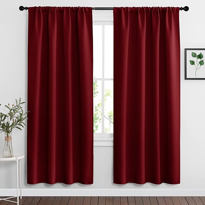 RYB HOME Blackout Curtains for Bedroom Living Room 63 inches Long, Thermal Insulated Privacy Rod Pocket Drapes for Nursery Office Home Theater, Width 42 by Length 63, Burgundy Red, 2 Panels