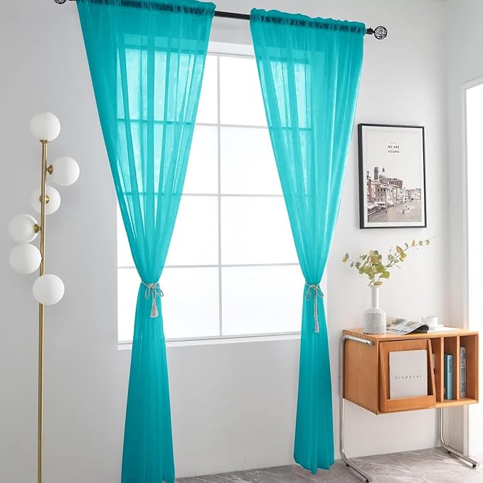 SpaceDresser Sheer Voile Window Treatment Rod Pocket Curtain Panels for Kitchen Bedroom Living Room Drapes Sunlight Filtering Privacy Semi Home Decor Assorted (Peacock Blue, 52 W x 96 L)