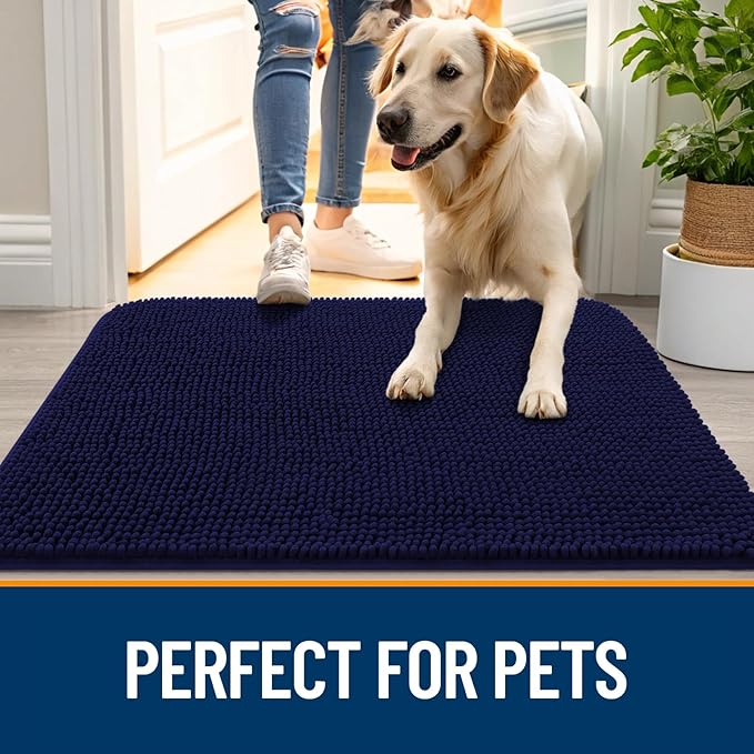 OLANLY Dog Door Mat for Muddy Paws 24x16, Absorbs Moisture and Dirt, Absorbent Non-Slip Washable Doormat, Quick Dry Chenille Mud Mat for Dogs, Entry Indoor Entryway Carpet for Inside Floor, Navy Blue