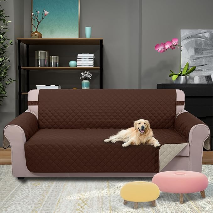 U-NICE HOME Large Sofa Cover Reversible Couch Cover for Dogs with Elastic Straps Water Resistant Furniture Protector for Pets Couch Cover for 4 Cushion Couch (Oversized Sofa, Brown/Beige)