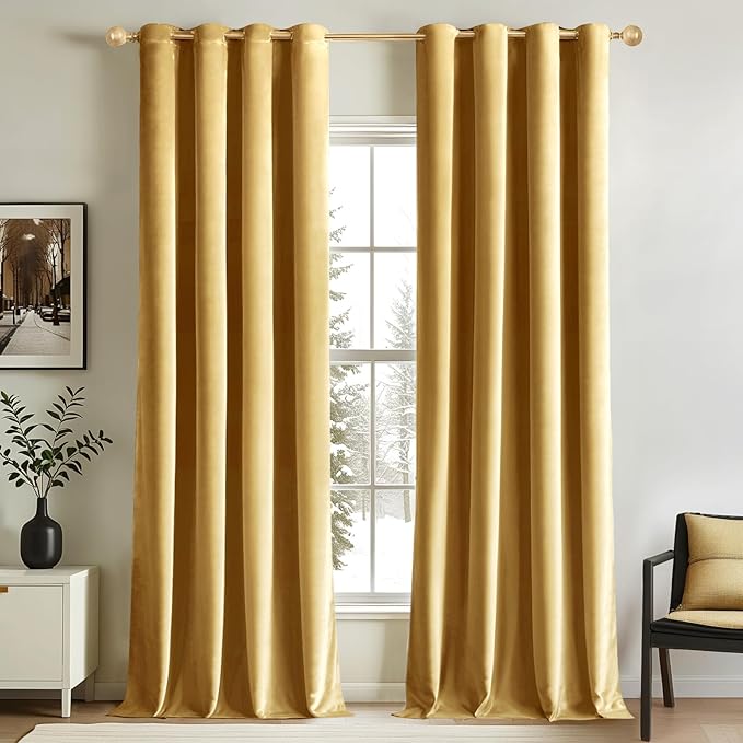 MIULEE Velvet Curtains Golden Elegant Grommet Thermal Insulated Soundproof Room Darkening Curtains/Drapes for Classical Living Room Bedroom Decor 52 x 96 Inch Set of 2