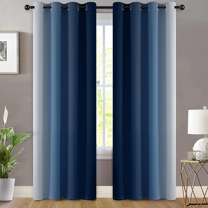 Yakamok Blue Ombre Curtains Room Darkening Grommet Curtains for Bedroom, Light Blocking Thermal Insulated Window Drapes for Living Room(2 Panels, 52x90 Inch)