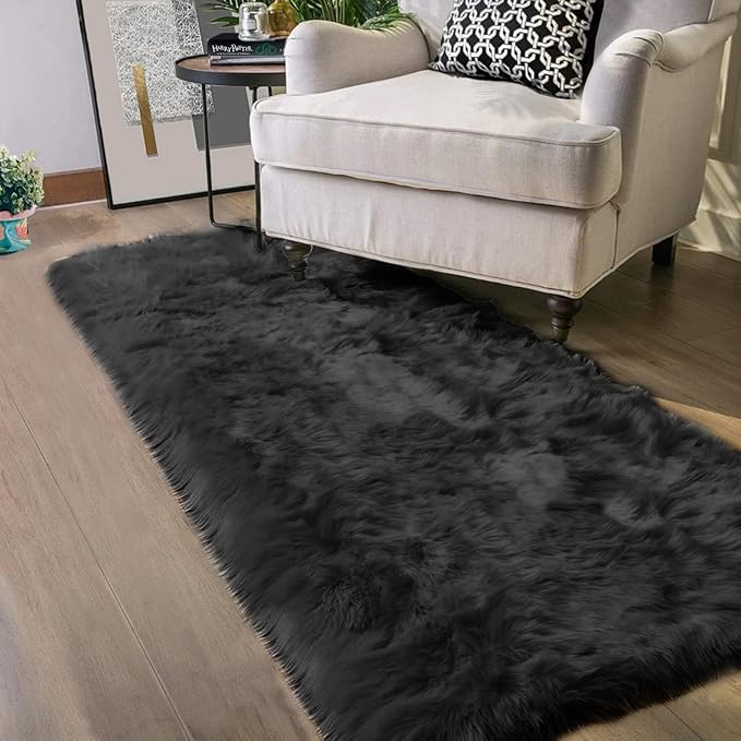 Latepis Black Runner 2x5 Washable Rug Faux Sheepskin Bedroom Rug Soft Fluffy Fur Rugs for Sofa Cover Cushion Room Décor, Runner