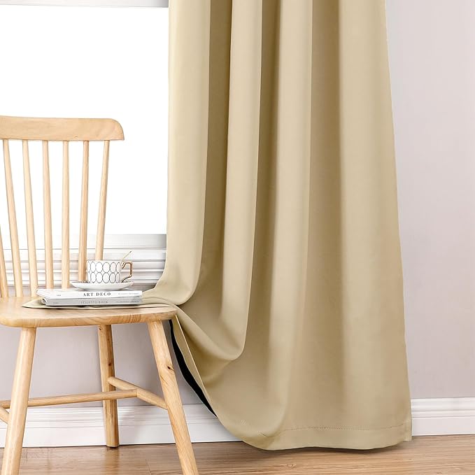 ChrisDowa 100% Blackout Curtains 84 inch Long for Bedroom with Black Liner, Extra Wide 2 Thick Layers Total Blackout Thermal Insulated Grommet Window Curtains 2 Panels Set (Beige, 60 x 84 Inch)