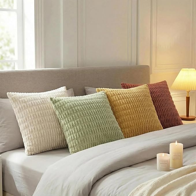 Fancy Homi 4 Packs Boho Fall Small Decorative Throw Pillow Covers 12x12 Inch for Living Room Couch Bed, Modern Farmhouse Home Decor, Soft Plush Striped Corduroy Square Colorful Cushion Case 30x30 cm