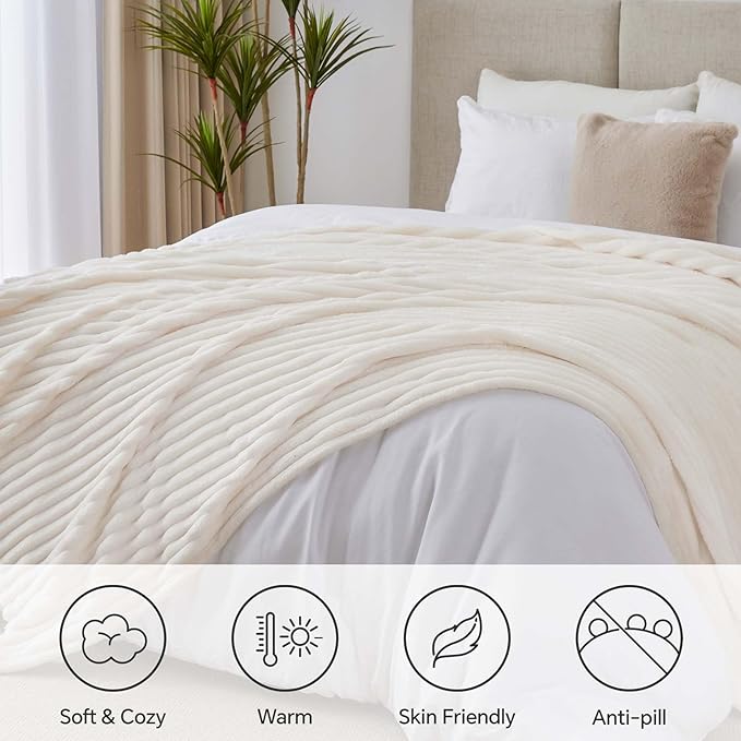 BEDELITE King Size Blanket for Bed, 300GSM Soft & Warm Fleece Blanket, Decorative and Giftable Striped Cream White Blankets for Women, Men, 108"x90"