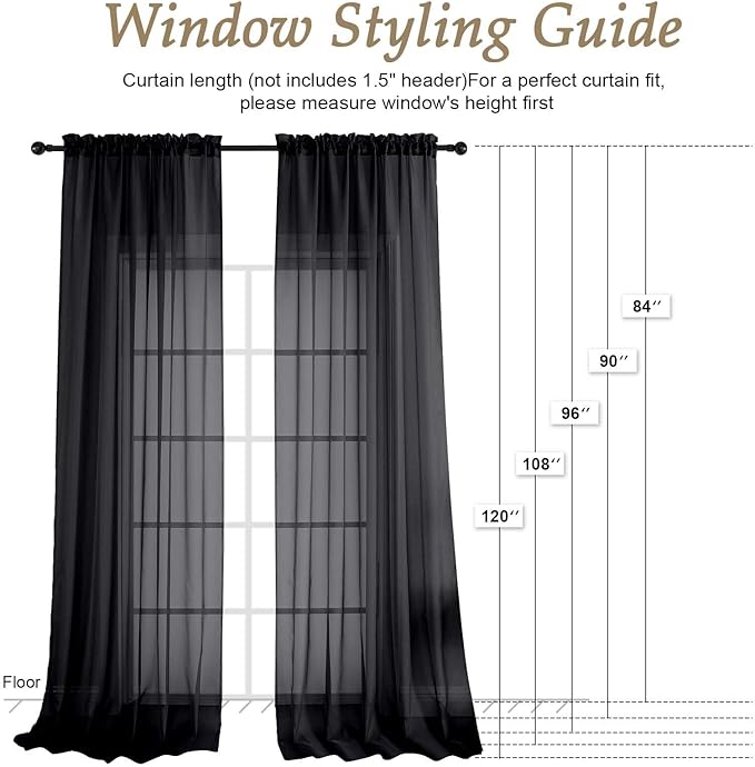 OVZME Black Sheer Curtains 120 Inches Long 2 Panels Set, 59 Inch Extra Wide Soft Airy Lightweight Sheer Curtains for Living Room, Farmhouse Voile Filmy Rod Pocket Drapes, 59Wx120L Inches