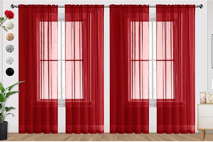 SpaceDresser Christmas Red Sheer Curtains 4 Panels Rod Pocket Semi-Sheer Curtain 72 Inches Long Light Filtering Voile Window Drapes for Bedroom Living Room Kitchen, Each 52W x 72L