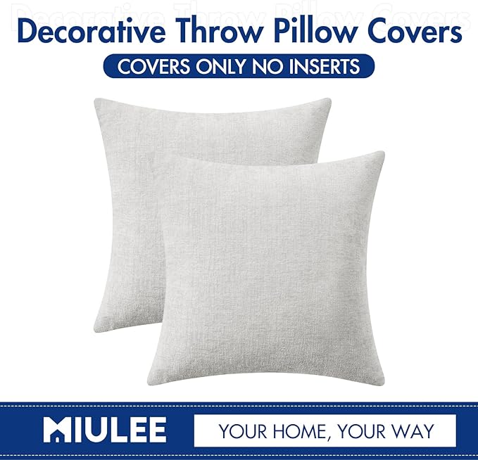 MIULEE Pack of 2 Light Gray Throw Pillow Covers 18x18 Inch Soft Chenille Pillow Covers for Sofa Living Room Couch Solid Dyed Cases