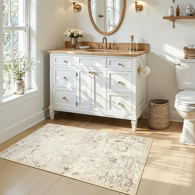 Toneed Entryway Rug 2x3 Door Mat for Indoor Entrance, Washable Small Throw Rug for Kitchen Floor, Front Door, Bedroom Bedside, Non-Slip Low Pile, Abstract Beige