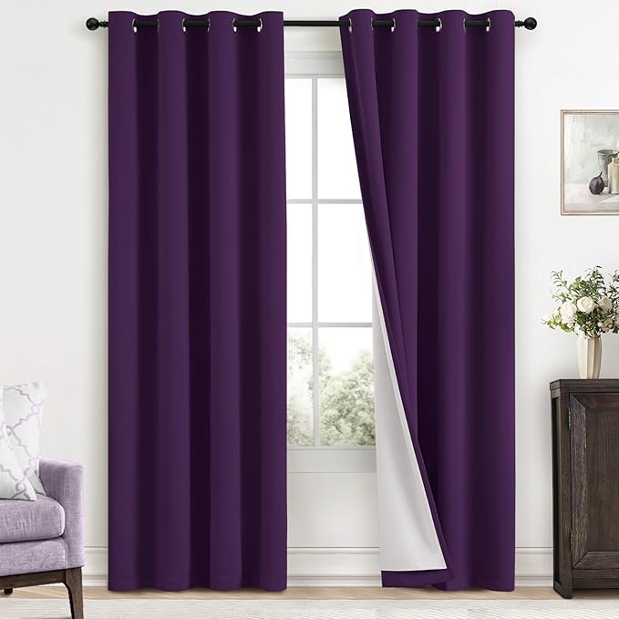 Yakamok Room Darkening 100% Blackout Curtains Grommet Window Treatments with 2 Thick Layers-Purple Thermal Insulated Drapes Set of 2 Panels for Bedroom Living Room 52 Inches by 84 Inches Length