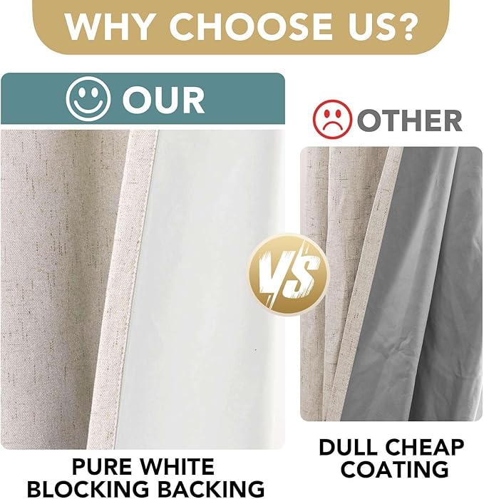 H.VERSAILTEX Polyester Blackout Curtains 96 Inches Long, 100% Absolutely Blackout Elegant Curtains for Bedroom, Thermal Insulated Linen Drapes Grommet Curtains with White Liner, 2 Panels, Natural