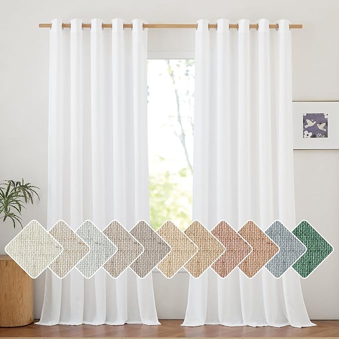 NICETOWN White Linen Curtains 96 inches Long, Grommet Thick Linen Flax Drapes Privacy Added with Light Filtering Room Divider Drapes for Bedroom/Sliding Door, W68 x L96, 2 Panels