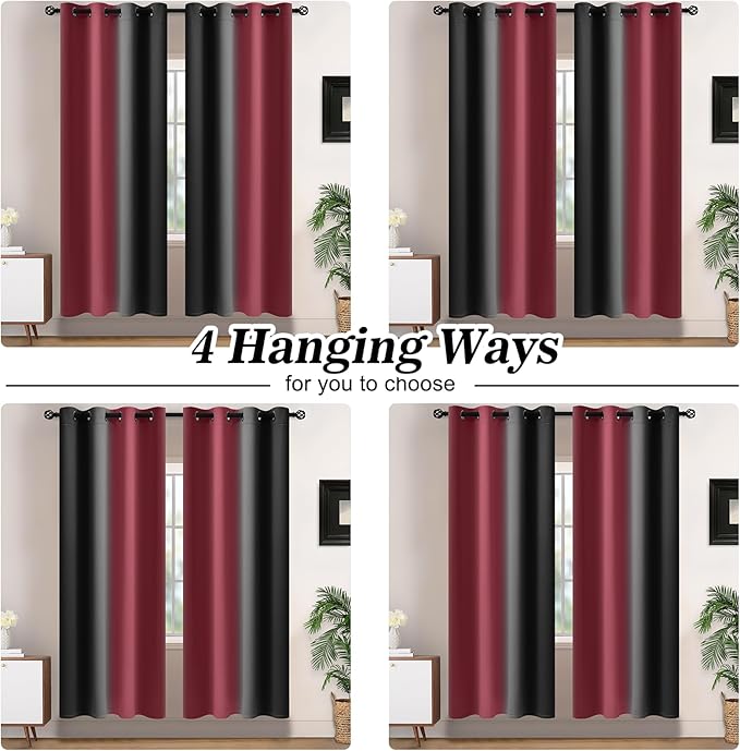 Yakamok Blackout Ombre Burgundy and Black Curtains for Bedroom, Gradient Room Darkening Curtains, Grommet Thermal Insulated Light Blocking Window Drapes/Curtain for Living Room,52 x 72 Inch,2 Panels