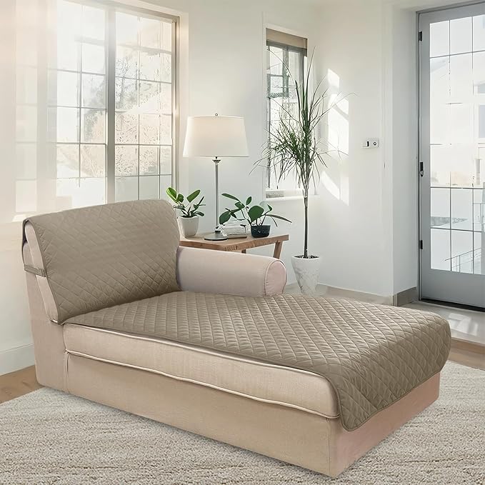 U-NICE HOME Sectional Couch Cover for Dogs Chaise Lounge Reversible Sofa Cover Furniture Protector Cover for Pets with Elastic Adjustable Strap (Chaise Lounge, Khaki/Light Grey)