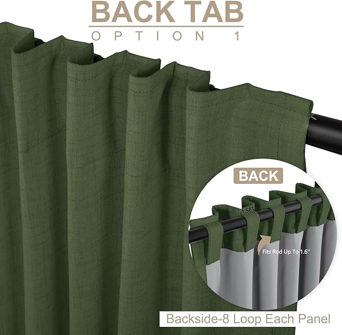 100% Blackout Shield Linen Blackout Curtains for Bedroom 102 Inches Long, Back Tab/Rod Pocket Living Room Drapes, Thermal Insulated Blackout Curtains 2 Panels Set, 50" W x 102" L, Moss Green