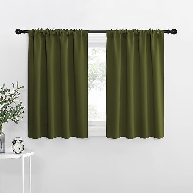 NICETOWN RV Blackout Curtains for Camper Windows, Olive, 34" x 30", Set of 2, Kitchen Curtains, Short Blackout Drapes, Thermal Insulated Rod Pocket Window Treatment Draperies for Nursery