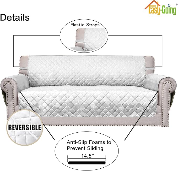 Easy-Going Reversible Couch Cover for 3 Cushion Couch Sofa Cover for Dogs Water Resistant Furniture Protector Cover with Foam Sticks Elastic Straps for Pet Cat (Sofa, White/White)