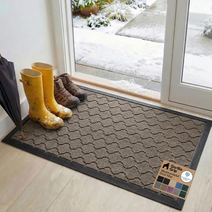 GORILLA GRIP 100% Waterproof All-Season WeatherMAX Doormat, 47x35, US Designed Natural Rubber, Stain and Fade Resistant, Low Profile Indoor Outdoor Door Mats, Easy Clean Patio Mat, Latte Quatrefoil