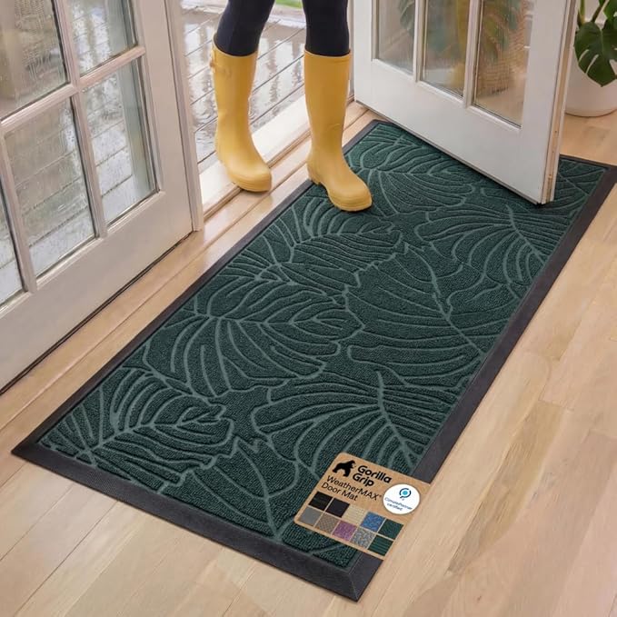 GORILLA GRIP 100% Waterproof All-Season WeatherMAX Doormat, 60x24, US Designed Natural Rubber, Stain and Fade Resistant, Low Profile Indoor Outdoor Door Mats, Easy Clean Patio Mat, Green Palm