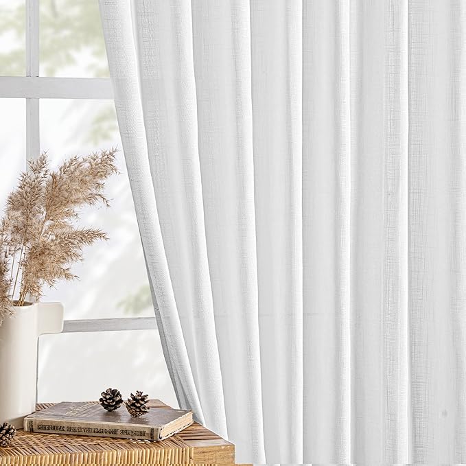 MIULEE White Linen Curtains 102 Inch Long 2 Panels for Bedroom Living Room, Soft Thick Linen Textured Back Tab Window Drapes Semi Sheer Light Filtering Rod Pocket Modern Farmhouse Decor