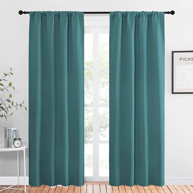 NICETOWN Blackout Curtain for Kitchen Window - Function Thermal Insulated Blackout Panels for Bedroom - 1 Pair, Sea Teal - Rod Pocket Style - 42 by 84 inches