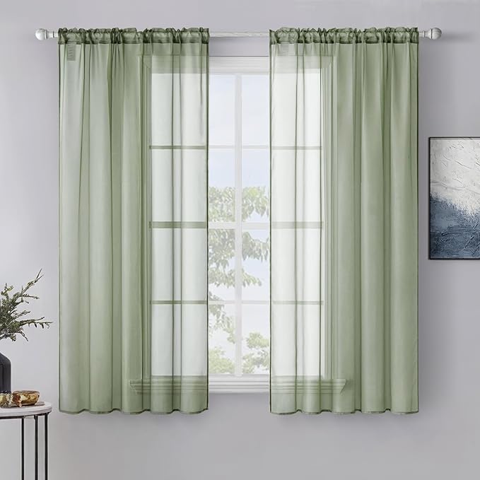 MIULEE 2 Panels Sage Green Sheer Window Curtains Elegant Window Voile Panels/Drapes/Treatment for Bedroom Living Room (54X63 Inches)