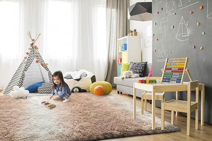 TWINNIS Super Soft Shaggy Rugs Fluffy Carpets, 5x8 Feet, Indoor Modern Plush Area Rugs for Living Room Bedroom Kids Room Nursery Home Decor, Upgrade Anti-Skid Rectangular Fuzzy Rug, Tan White