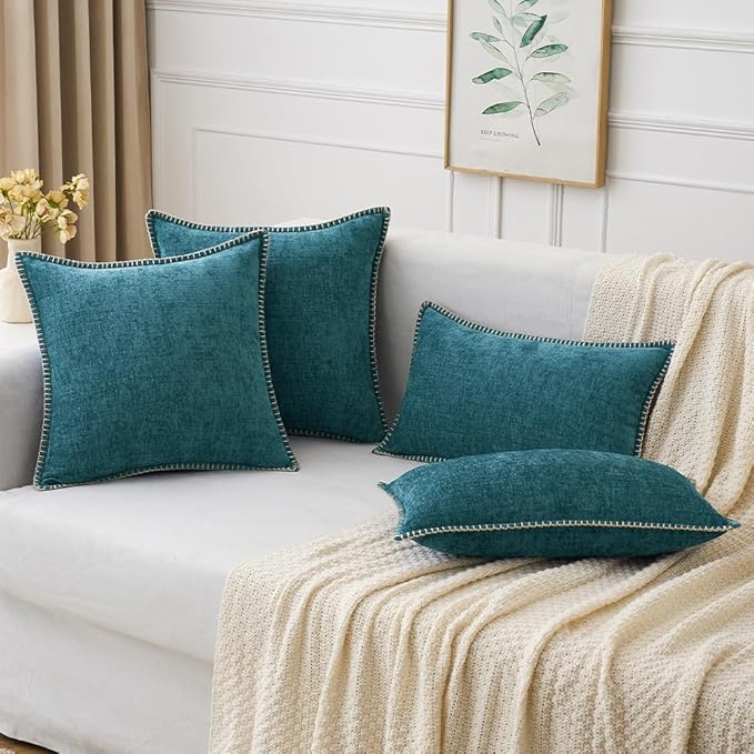 MIULEE Pack of 2 Couch Throw Pillow Covers 18x18 Inch Dark Teal Farmhouse Decorative Pillow Covers with Stitched Edge Soft Chenille Solid Dyed Spring Pillow Covers for Sofa Bed Living Room