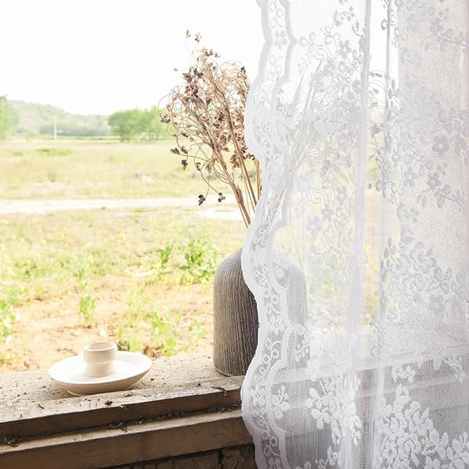 YJ YANJUN Vintage Lace Curtains 54 Inches Length- Victorian Floral Pattern White Sheer Curtain Panels for Living Room Bedroom Bathroom Light Filtering, Country Cottage Core Drapes 2 Panels 52W x 54L
