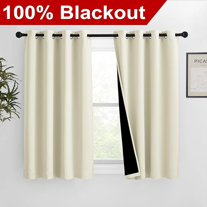 NICETOWN Warm Curtains for Winter, Bedroom Full Blackout Curtain Panels, Great Job for Blocking Light, Complete Blackout Draperies with Black Liner for Night Shift (Beige, Set of 2, 46 by 54-inch)