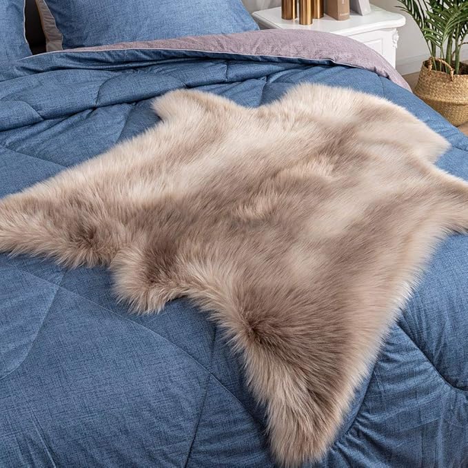 Carvapet 3x3ft Brown Faux Fur Area Rug Irregular Shaped Rug Soft Fluffy Reindeer Hide Imitation Rug, Decorative Throw Carpet for Bedroom Living Room, Plush Floor Mat for Home Decor