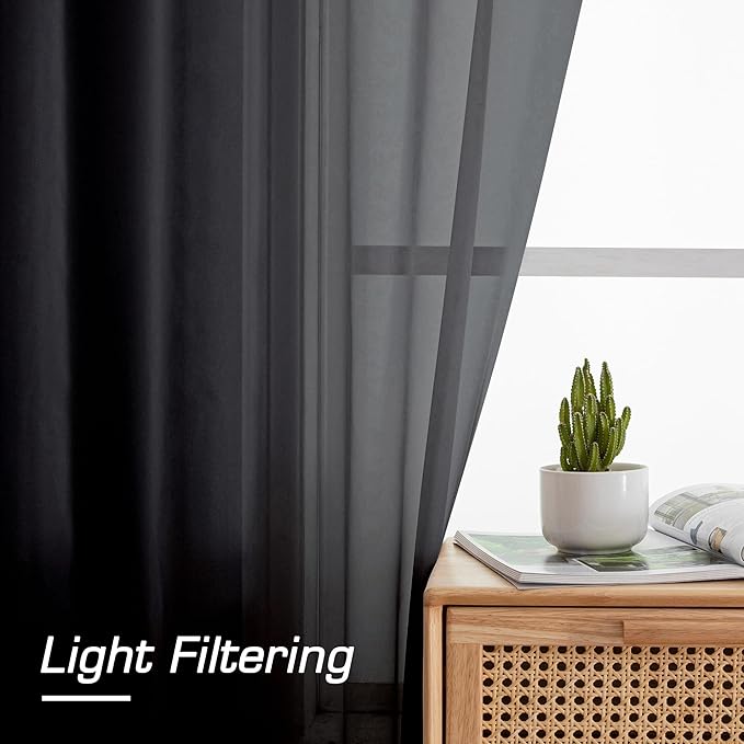 OWENIE Black Sheer Curtains, Sheer Curtains 78 inch Length 2 Panels Set, Rod Pocket Voile Fimly Sheer Drapes for Living Room/Bedroom, 2pcs, Each 42" W x 78" L, Black