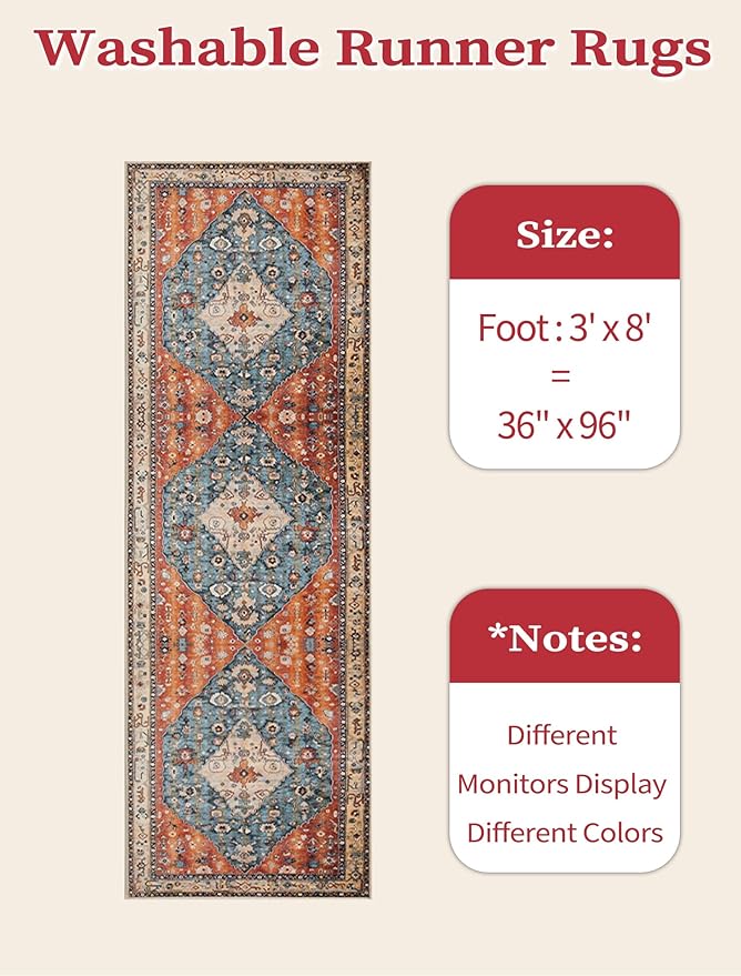 SERISSA Runner Rug for Hallways, 3x8 Washable Non Slip Kitchen Runner Rug, Long Boho Rug Vintage Tribal Hallway Stair Ultra Soft Print Floor Carpet for Bedroom Bathroom Laundry Room