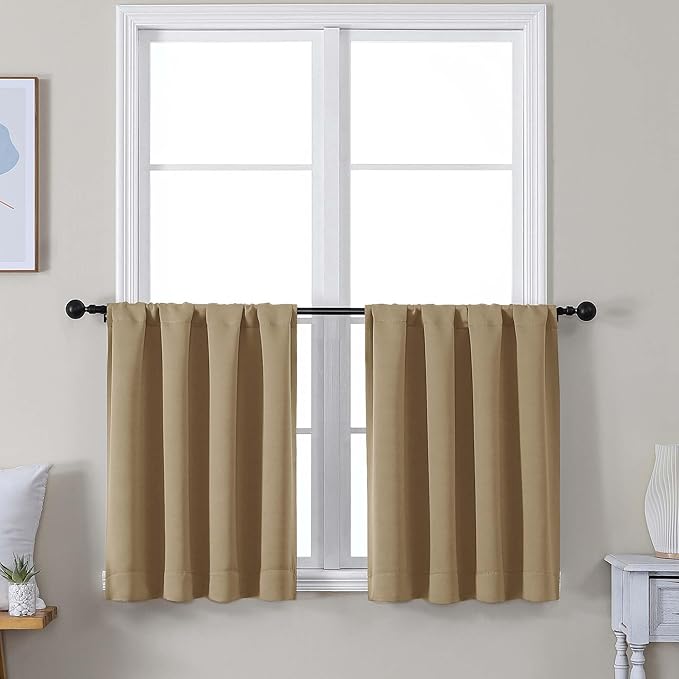 Simplebrand Ava Taupe Short 24 Inches Blackout Curtain 2 Panels Set, Half Window Rod Pocket Privacy Curtain Tiers for Kitchen, Curtains Blackout for Bathroom Shades, W30 x L24 Inch, Taupe