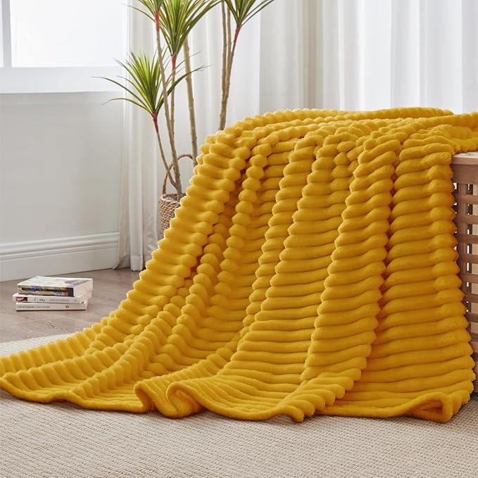 BEDELITE Fleece Throw Blanket for Couch - 300GSM Soft & Warm Fluffy Mustard Yellow Blanket, Decorative and Giftable Striped Blankets for Women, Men, 50"x60"