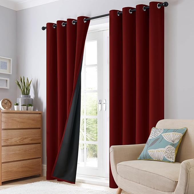 SimpleHome 100% Blackout Curtains for Bedroom,Thermal Insulated Burgundy Red Grommet Window Drapes Room Darkening Curtains for Living Room with Black Back,52 x 84 Inch,2 Panels