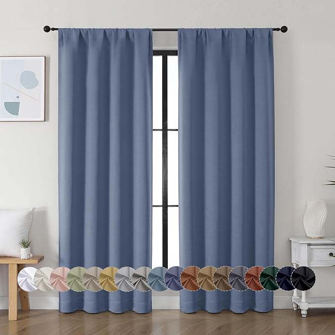 Simplebrand Ava Denim Blue Blackout Curtains for Bedroom, 72 Inch Length, 2 Panels, Privacy Thermal Insulated Rod Pocket Curtains for Patio, French Door, W40 x L72 Inch