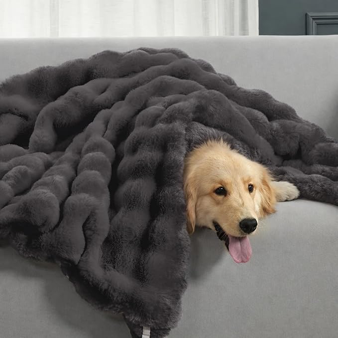 Cozy Bliss Faux Fur Bubble Throw for Couch, Fuzzy Soft Plush Thick Blanket for Sofa Bed Gift, 50x60 Inches Charcoal Grey
