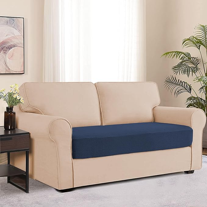 Water Repellent Sofa Seat Cushion Covers Stretch Stylish Furniture Cover, Small Checked Pattern Super Soft Slipcover Machine Washable (Loveseat Cushion, Navy)