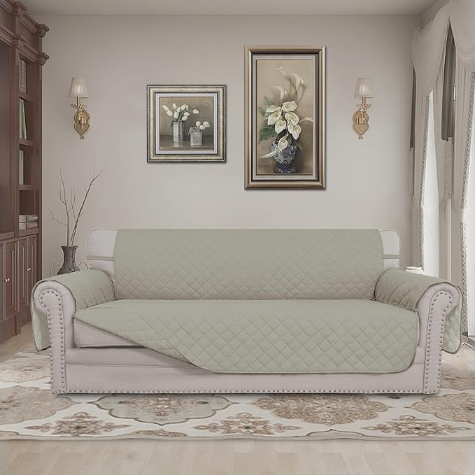 Easy-Going Reversible Couch Cover for 3 Cushion Couch Sofa Cover for Dogs Water Resistant Furniture Protector Cover with Foam Sticks Elastic Straps for Pet Cat (Sofa, Beige/Beige)
