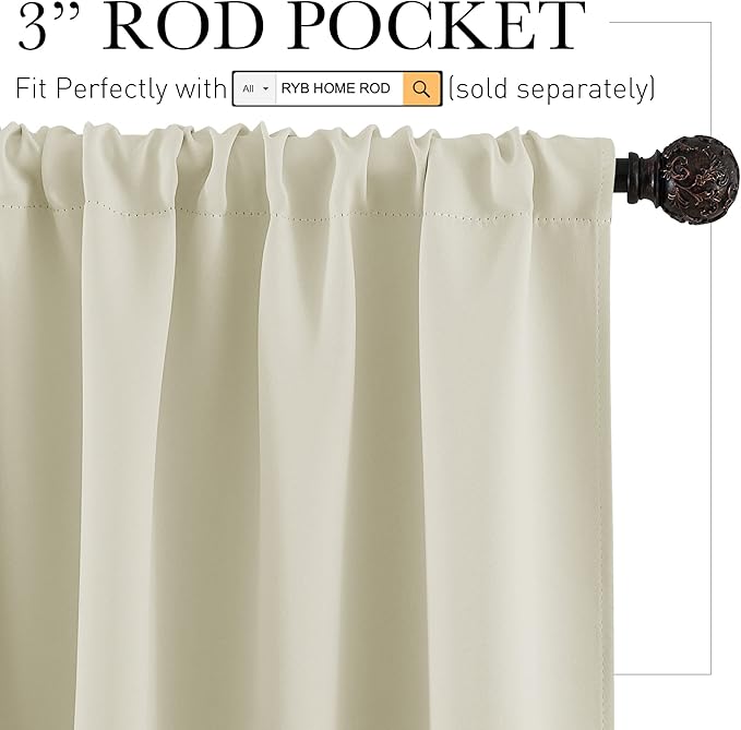 RYB HOME Short Curtains for Bedroom, Room Darkening Insulated Summer Heat Light UV Blocking Energy Saving Drapes for Nursery, Width 34 by Length 45, Beige, Set of 2