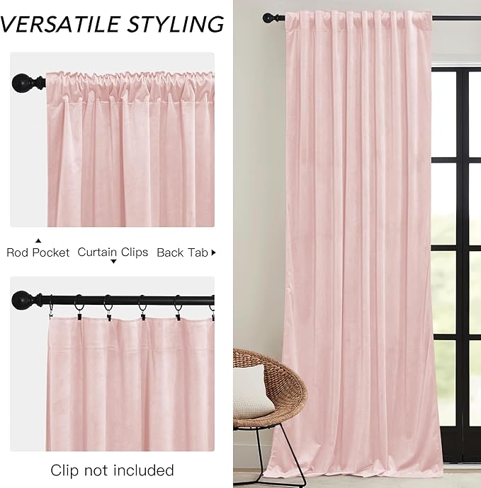 RYB HOME Pink Velvet Curtains 96 inches, Back Tab Soft Fabric Room Darkening Thermal Insulated Luxurious Home Decor Curtains for Living Room Bedroom, W 52" x L 96", 2 Panels Set