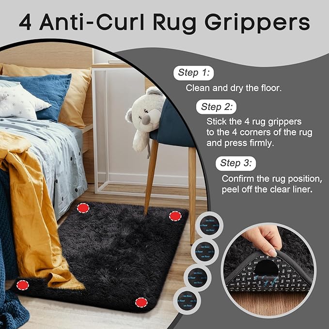 Ophanie Small Black Entryway Throw Rugs for Bedroom, 2x3 Mini Area Rug, Affordable Non Slip Fluffy Carpet, Fuzzy Soft Living Room Rugs, Home Decor Aesthetic, Nursery